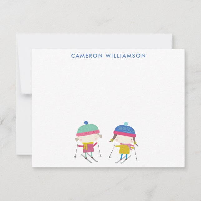 Cute Winter Skiing Kids Personalized Stationery Card (Front)