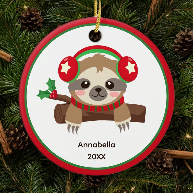 Cute Winter Sloth Personalized Kids Christmas Ceramic Ornament (Creator Uploaded)