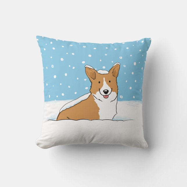 Cute Winter Snow Corgi Cartoon Dog Fun Pet Lover's Throw Pillow (Front)