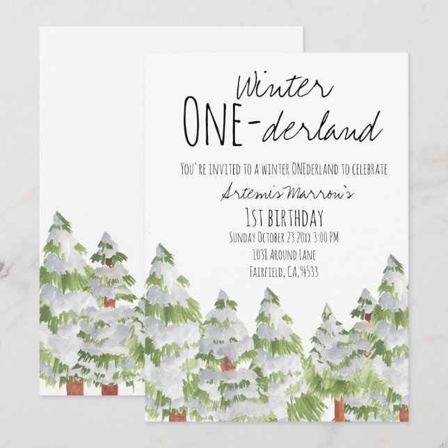 Cute winter snow trees kid birthday invite (Front/Back)