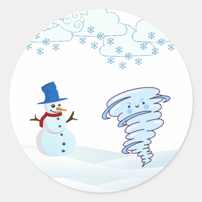Cute winter snowman and wind classic round sticker (Front)