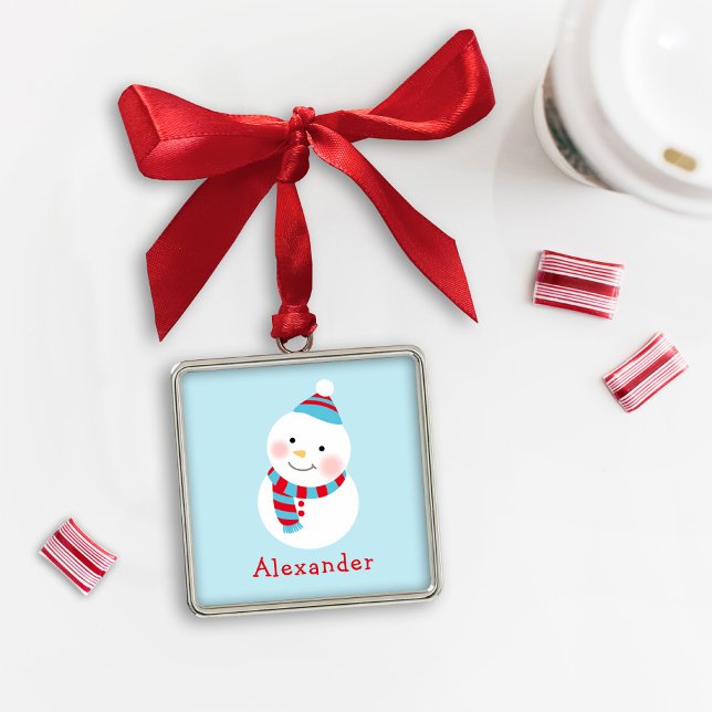 Cute Winter Snowman Blue Custom First Name Metal Ornament (Creator Uploaded)