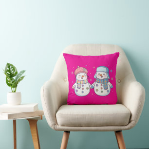 Cute Winter Snowman Couple Holding Hands Throw Pillow