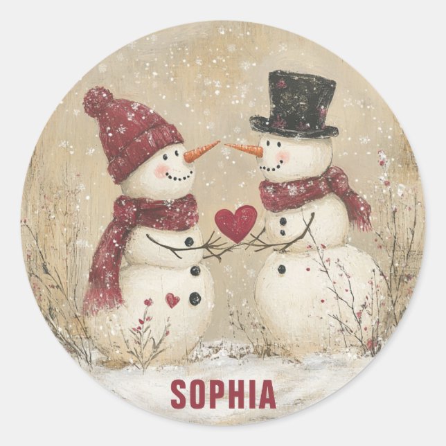 Cute Winter Snowman Heart Add Name Classic Round Sticker (Front)
