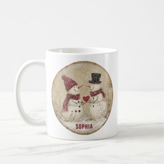 Cute Winter Snowman Heart Add Name Coffee Mug (Left)