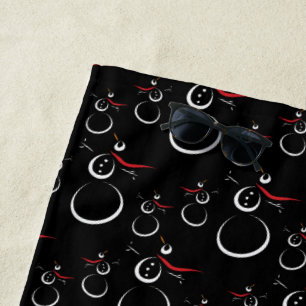 Cute Winter Snowman Pattern Black Beach Towel