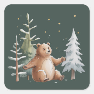 Cute Winter Snowy Bear Whimsical Woodland Winter  Square Sticker