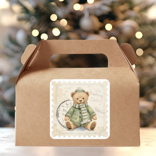 Cute Winter Teddy Bear in Green Coat Vintage Square Sticker