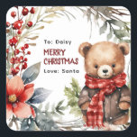 Cute Winter Teddy Bear Kids Christmas Gift Square Sticker<br><div class="desc">Cute personalized gift stickers to help make labelling presents that little bit easier during the festive season! Design features an adorable watercolor winter teddy bear, wrapped up warm in a little brown coat and a red buffallo chequered scarf, festive foliage, snow overlay and a template that easy to customize. Simply...</div>