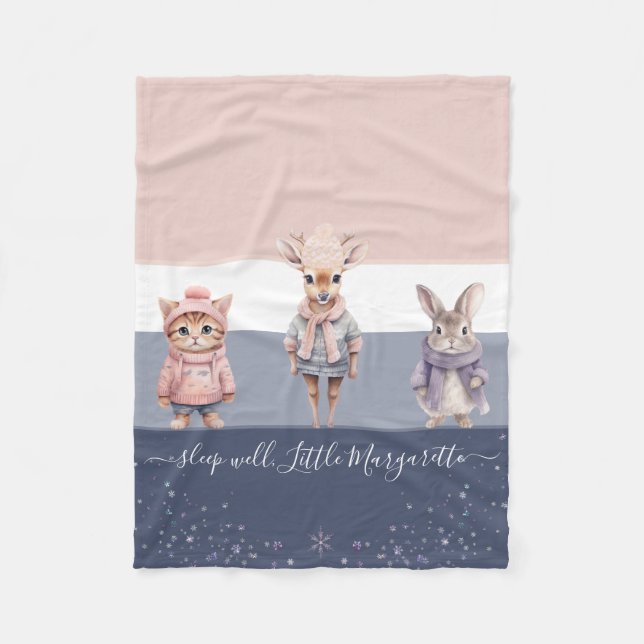 Cute winter theme pastel colour deer custom name fleece blanket (Front)