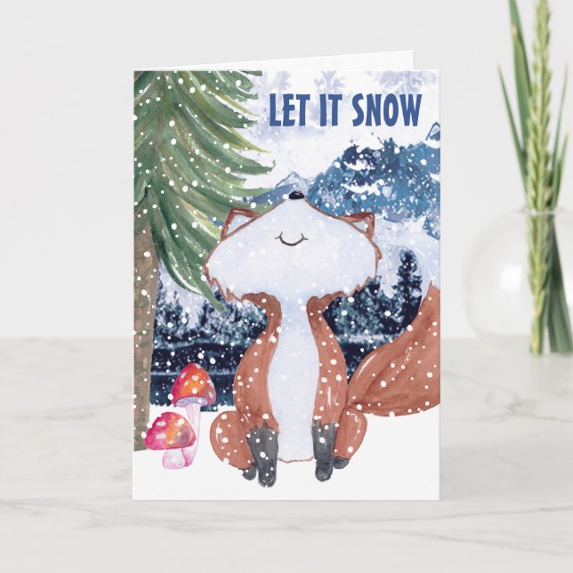 Cute Winter Woodland Fox Mountain Christmas Holiday Card (Front)
