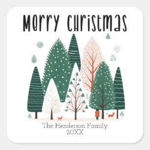 Cute Winter Woodland Pine Tree Family Christmas  Square Sticker