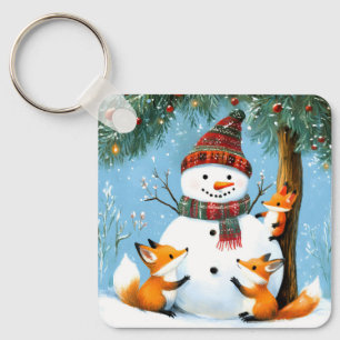 Cute Winter Woodland Snowman Foxes Keychain
