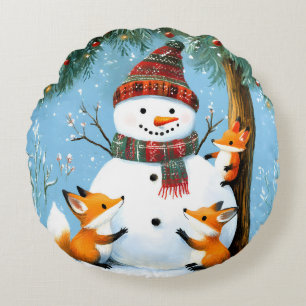 Cute Winter Woodland Snowman Foxes Round Pillow