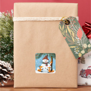 Cute Winter Woodland Snowman Foxes Square Sticker