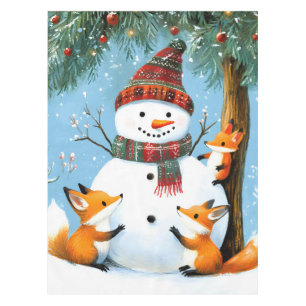 Cute Winter Woodland Snowman Foxes Tablecloth