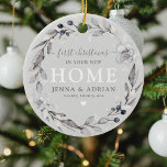 Cute Winter Wreath 1st Christmas New Home Photo Ceramic Ornament<br><div class="desc">Modern rustic first Christmas in your New Home keepsake ornament,  featuring a watercolor botanical festive foliage wreath on a chic grey rustic background,  a typography combination of calligraphy script and serif fonts and a photograph of your choice on the reverse.</div>