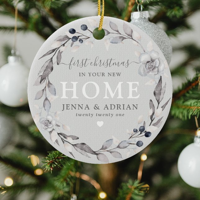 Cute Winter Wreath 1st Christmas New Home Photo Ceramic Ornament (Creator Uploaded)