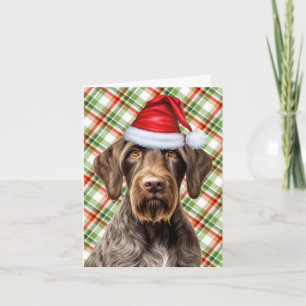 Cute Wirehaired Pointer Santa Dog Red Green Plaid Holiday Card