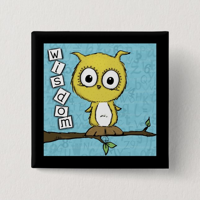 Cute Wisdom Owl 2 Inch Square Button (Front)