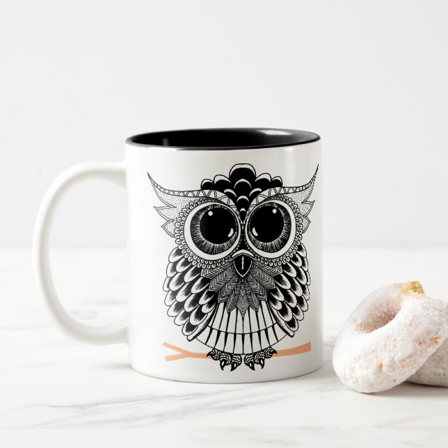 Cute Wise Owl Manadala Doodle Henna Pattern Two-Tone Coffee Mug (With Donut)