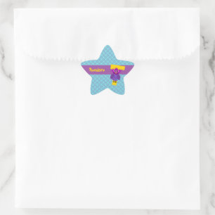 Cute & Wise Purple & Aqua Owl & Stars Monogrammed Star Sticker