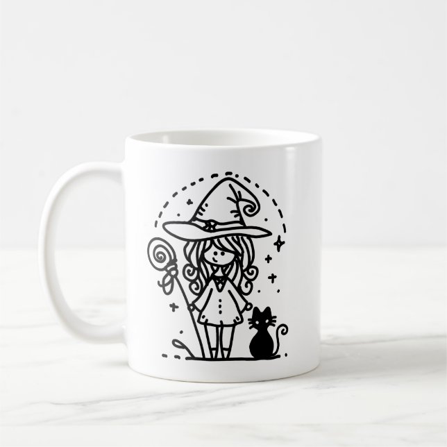 Cute Witch and Black Cat Doodle Coffee Mug (Left)