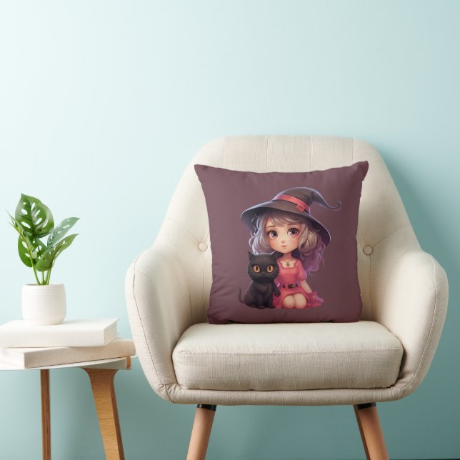 Cute Witch and Black Cat Plum Purple Halloween Throw Pillow (Chair)