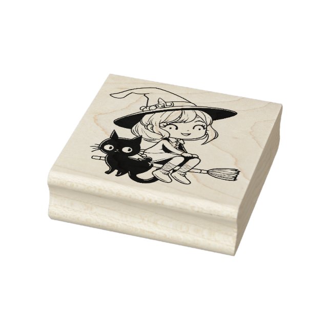 Cute Witch and Black Cat Rubber Stamp (Stamp)