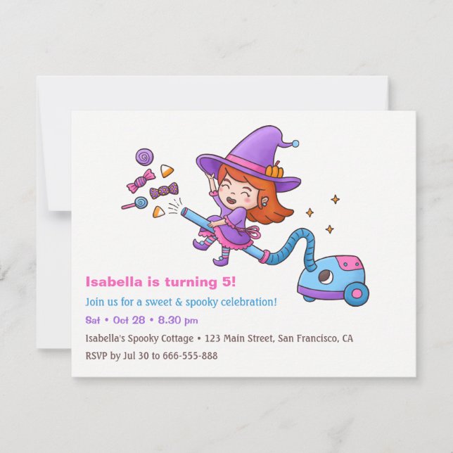 Cute Witch and Candy Birthday Party Invitations (Front)