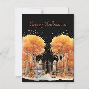 Cute Witch and Cat Outside Gate Halloween Postcard