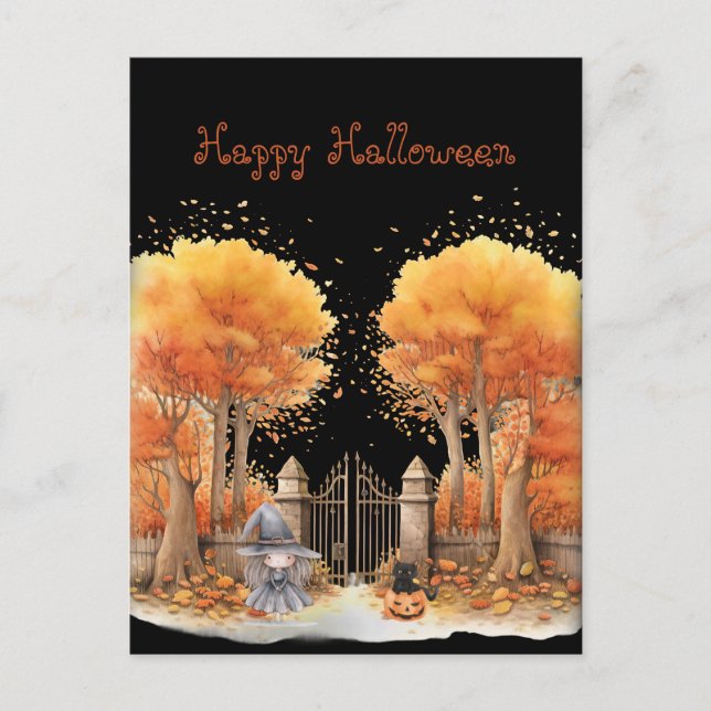 Cute Witch and Cat Outside Gate Halloween Postcard (Front)