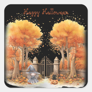 Cute Witch and Cat Outside Gate Halloween Square Sticker