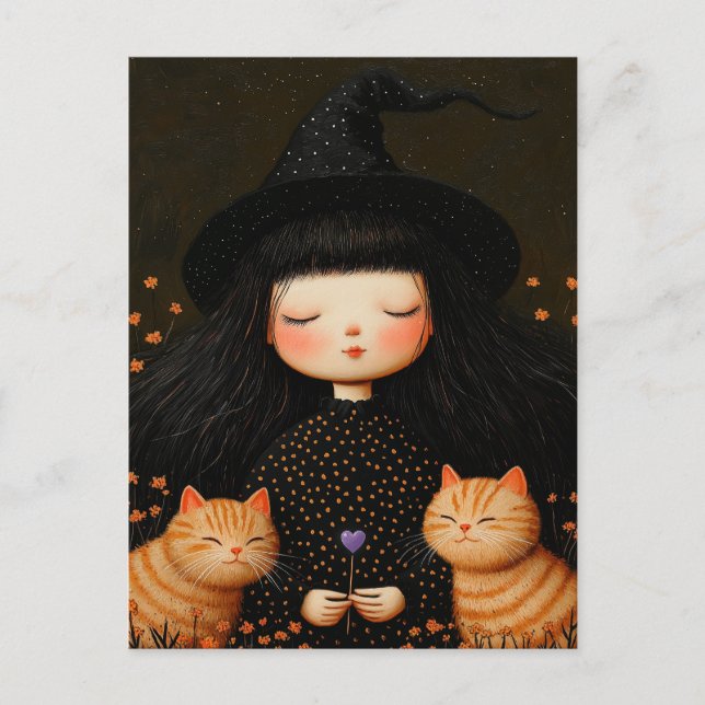 Cute Witch and Cats Halloween Postcard (Front)