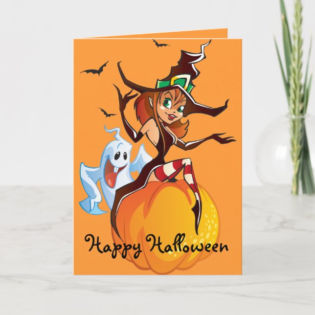 Cute Witch and Ghost Halloween Card (Front)