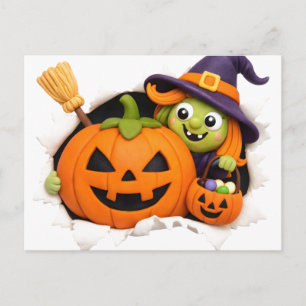 Cute Witch and Jack-o'-Lantern Clay Figurine Holiday Postcard