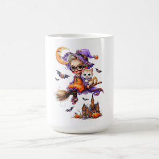 Cute Witch and Kitten on a Broom Coffee Mug