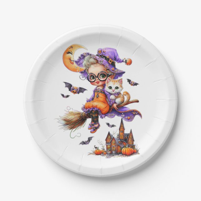 Cute Witch and Kitten on a Broom Paper Plate (Front)