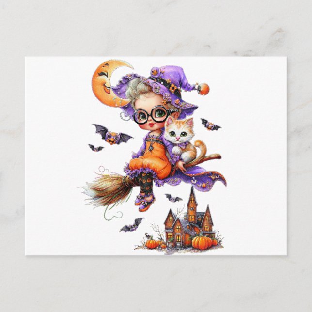 Cute Witch and Kitten on a Broom Postcard (Front)