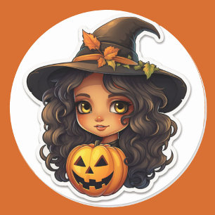 Cute Witch and Pumpkin Halloween Classic Round Sticker