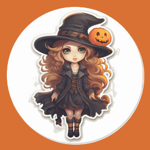Cute Witch and Pumpkin Halloween Trick or Treat Classic Round Sticker