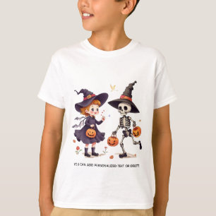 Cute Witch and Skeleton Kids Halloween T-Shirt 