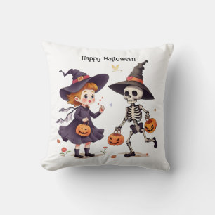 Cute Witch and Skeleton Kids Halloween Throw Pillow