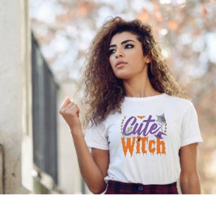 Cute Witch Black and White Womens Halloween T-Shirt
