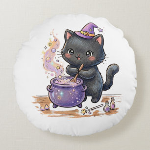 Cute Witch Black Cat Brewing Magic Potion Hallowee Round Pillow