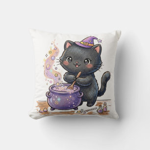 Cute Witch Black Cat Brewing Magic Potion Hallowee Throw Pillow