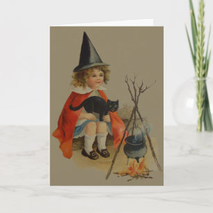 Cute Witch Black Cat Cauldron Fire Card