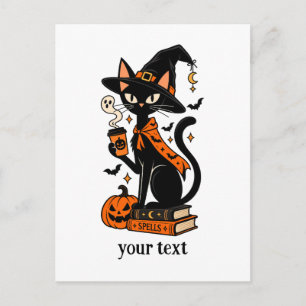Cute Witch Black Cat Coffee Book Lover Halloween Postcard
