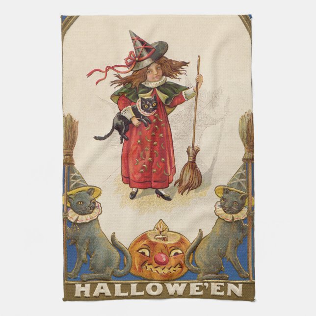 Cute Witch Black Cat Jack O' Lantern Kitchen Towel (Vertical)