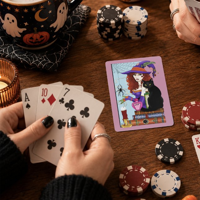 Cute Witch Black Cat Pink Potions Books Playing Cards (Creator Uploaded)